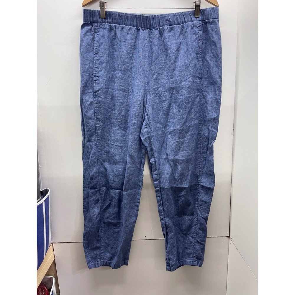 Eileen Fisher Blue Organic Linen Elastic Waist Tapered Chambray Pants Large